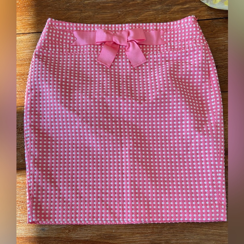 LOFT Pink White Polka Dot Side Zip Pencil Mini Skirt Bow Accent Lined size 6 - Picture 2 of 15